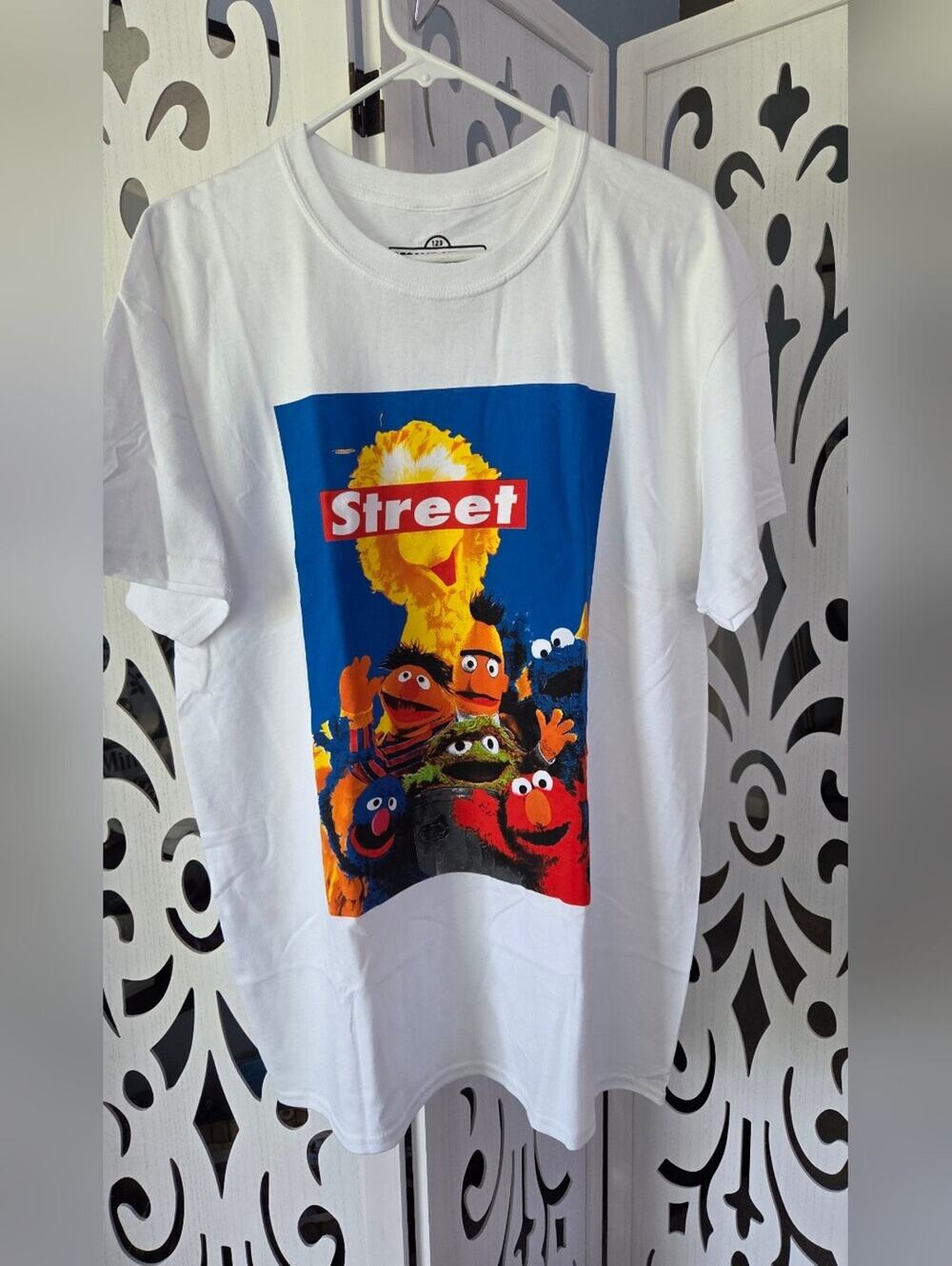 Sesame Street Parody Box Logo Shirt Large NWOT White Elmo Big Bird Graphic Tee